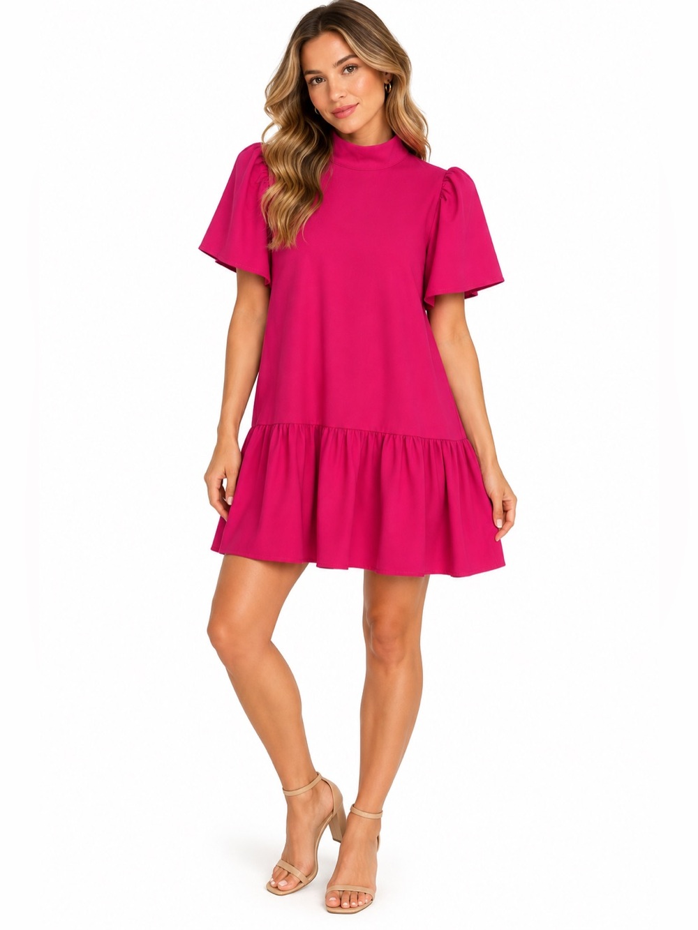 NWT Sugarlips Women's Size XS Fuchsia High-Neck Ruffle Hem Dress